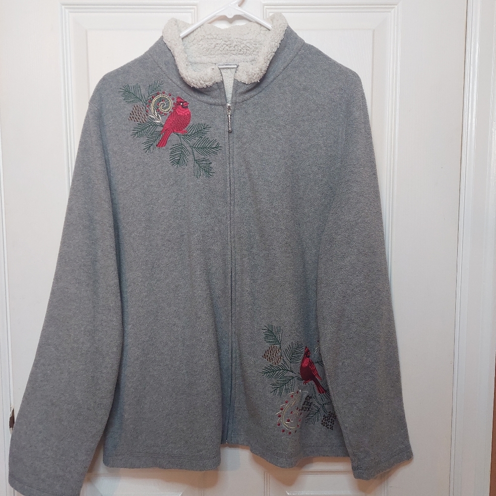 Croft & Barrow Grey Fleece Cardinal Embroidered Sherpa Lined Full Zip Size XL
